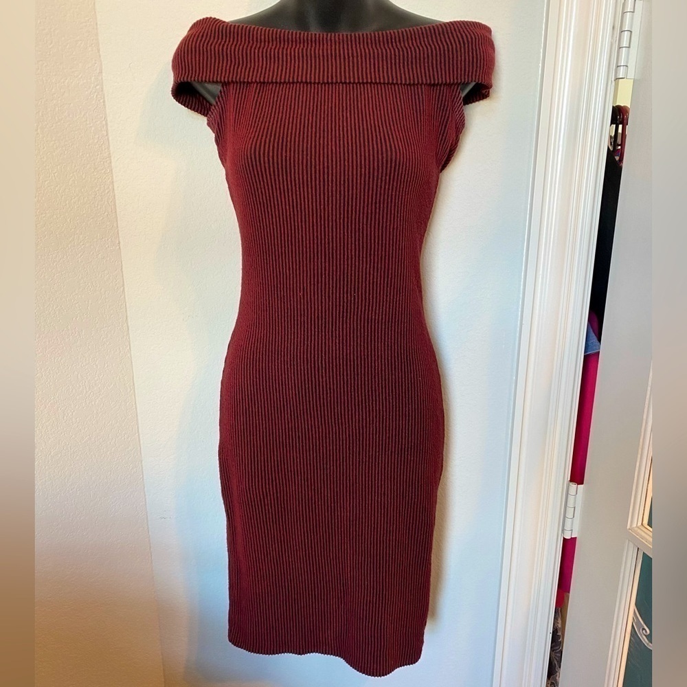 Off Shoulder Ribbed Knit Fitted Midi Length Dress, Burgundy/maroon & Black, Sz S